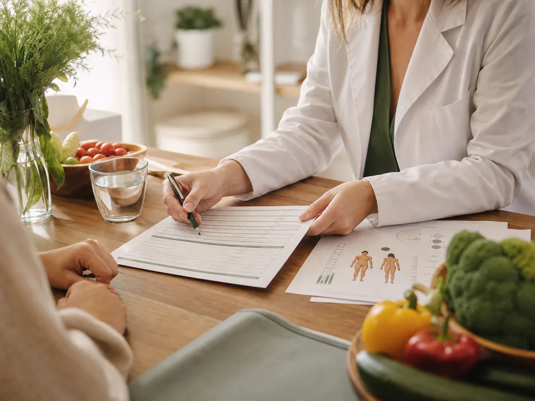 Prima visita nutrizionale con schede e ingredienti freschi